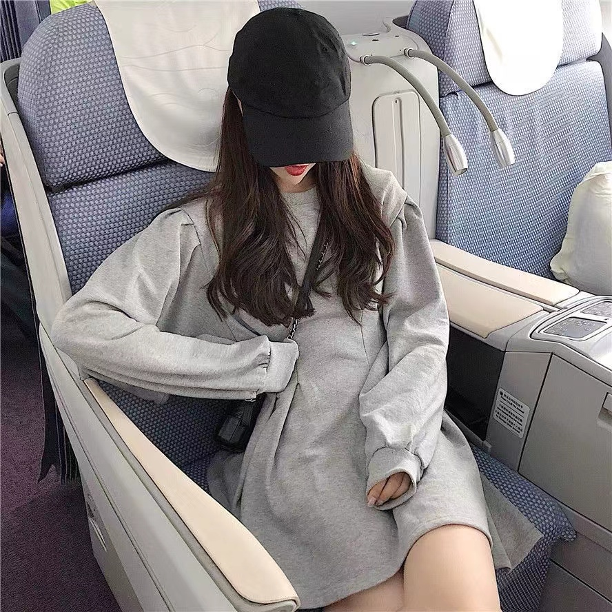 HM 新款赫本风法式白裙长袖连衣裙女收腰气质显瘦中长裙
