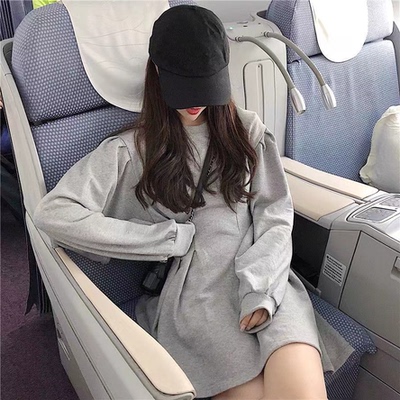 HM 新款赫本风法式白裙长袖连衣裙女收腰气质显瘦中长裙