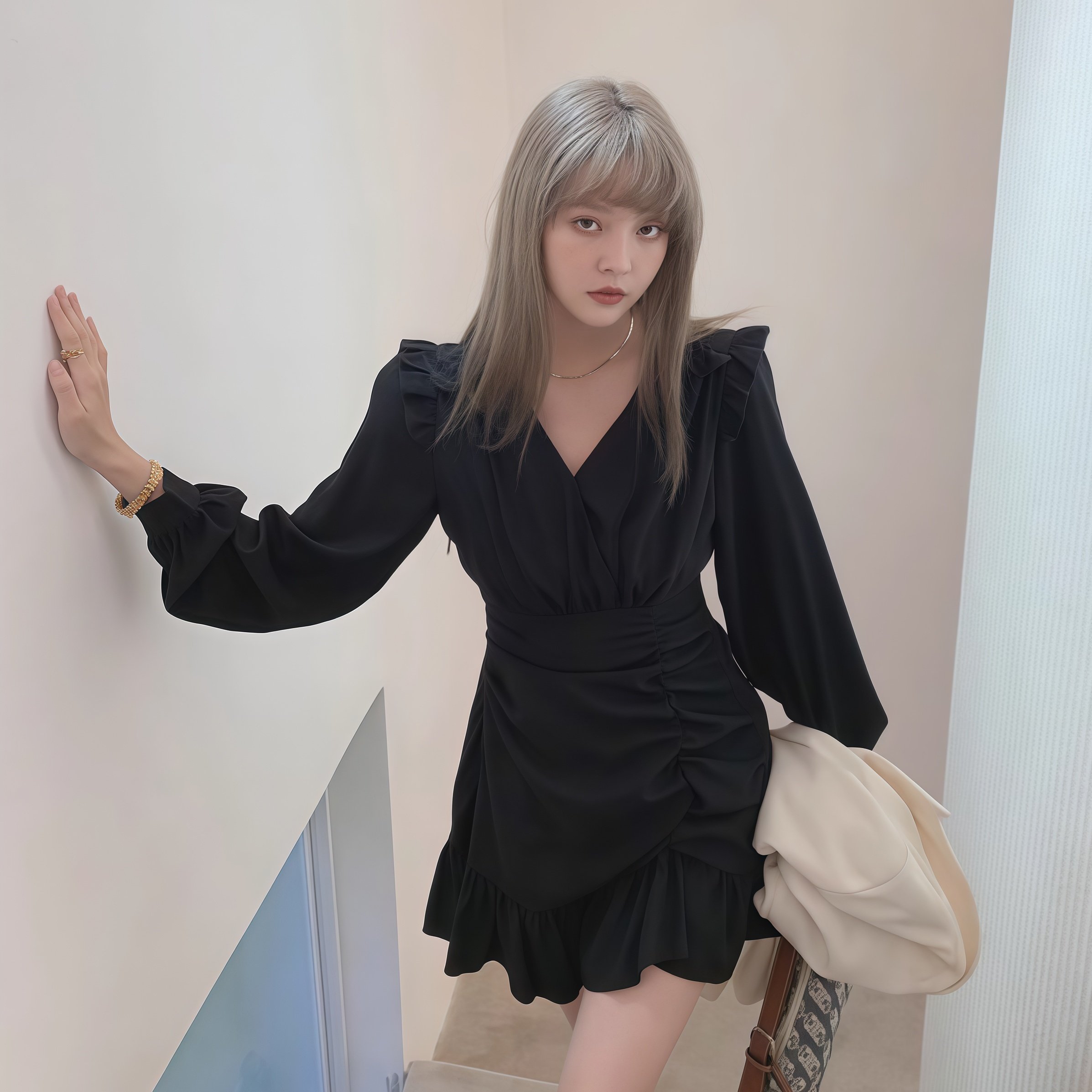 BY 2026新款赫本风法式白裙长袖连衣裙女收腰气质显瘦中长裙