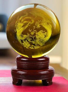 龙凤戏珠立体内雕水晶球玻璃球客厅抽象玄关办公室办公桌装饰摆件