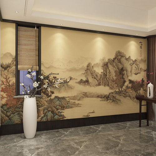 明清古典中式墙布电视背景墙客厅沙发影视墙纸山水手绘壁画水墨 - 图0
