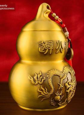 纯黄铜烧制龙瓶厨房西北专用烧制龙葫芦饰品黄水晶溶液五帝钱铜