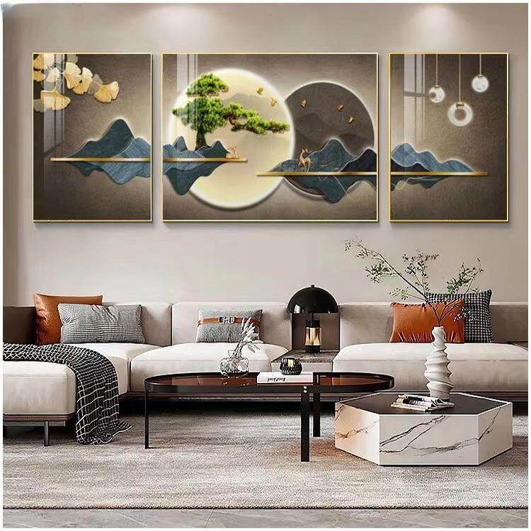 客厅沙发背景墙三联壁画山水画新中式装饰画轻奢高级感迎客松挂画