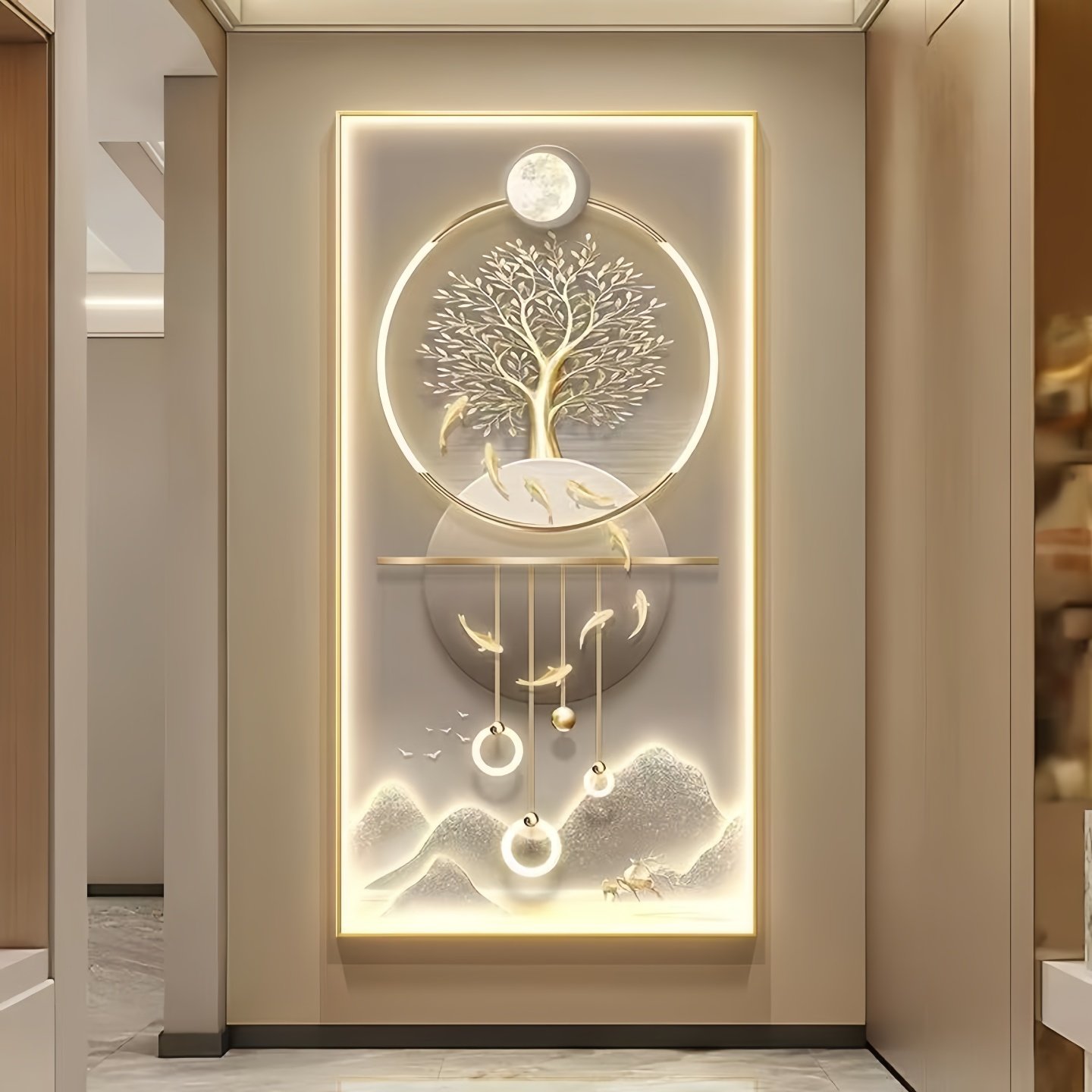 现代轻奢入户玄关装饰画麋鹿九鱼图大气过道壁画走廊尽头挂画灯画,淘宝优惠券,粉丝福利购,淘宝优惠卷