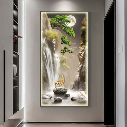 流水生财轻奢高端玄关画入户门装饰画新中式山水风景LED带灯壁画 - 图3
