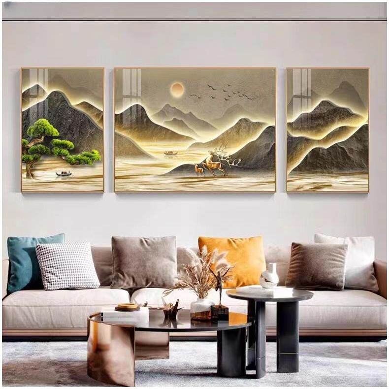 客厅沙发背景墙三联壁画山水画新中式装饰画轻奢高级感迎客松挂画