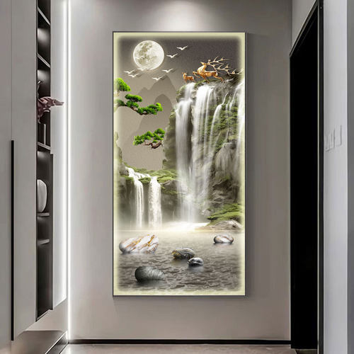 流水生财轻奢高端玄关画入户门装饰画新中式山水风景LED带灯壁画 - 图0