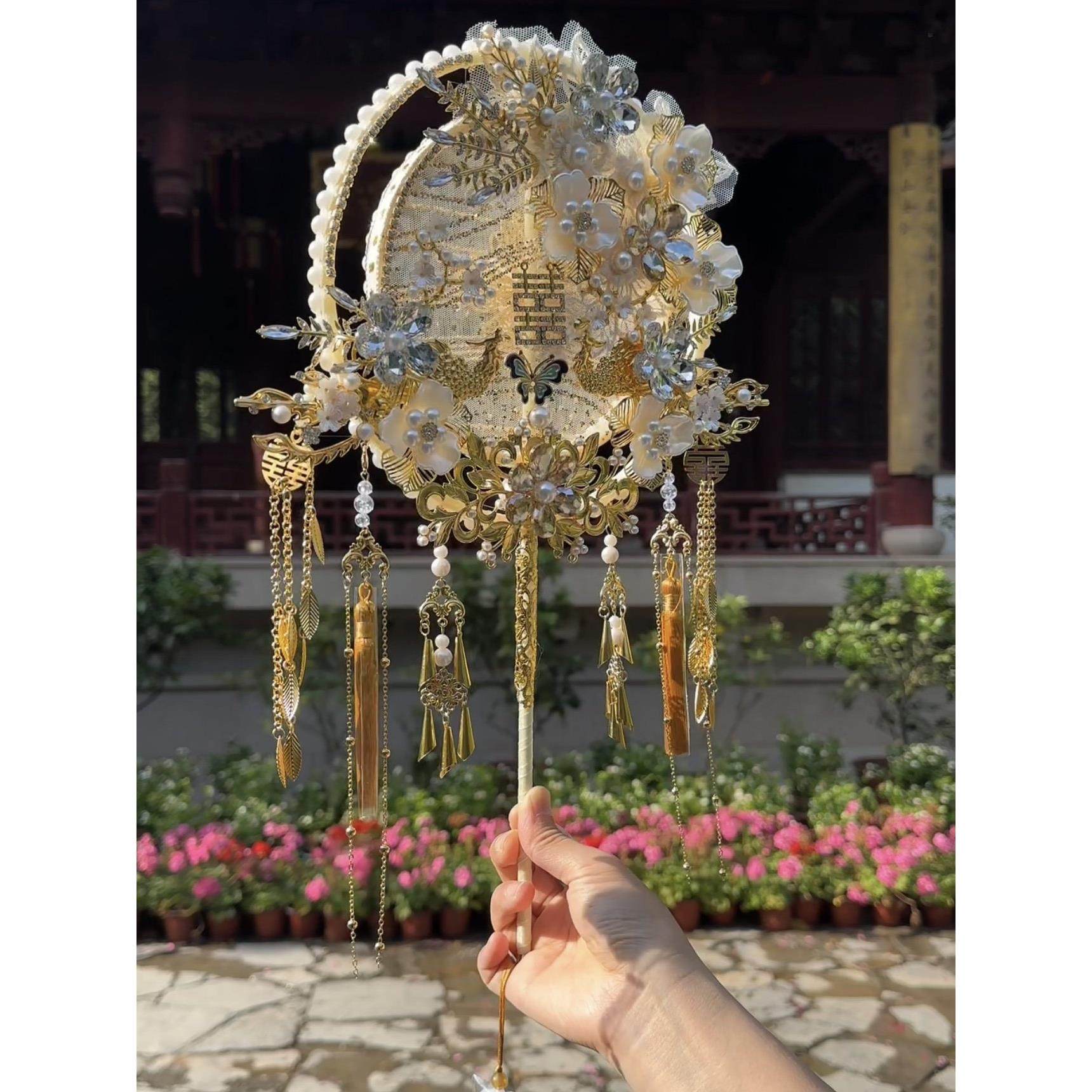 金色团扇新款新娘婚礼遮面扇闺蜜送礼喜扇秀禾服扇子手工diy喜扇,淘宝优惠券,粉丝福利购,淘宝优惠卷