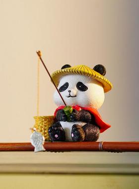 熊猫大侠钓鱼装饰摆件生态古法鱼缸边草缸乌龟缸假山流水鱼池造景