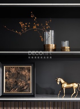 邸高家居新中式样板间柜体开放格展示柜雅金挂画装饰书档铜马摆件