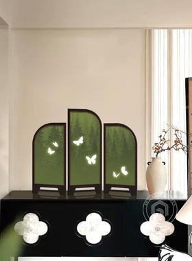 中世纪风格桌面小屏风装饰绿色蝴蝶场景布局装饰画法式覆古侧柜画