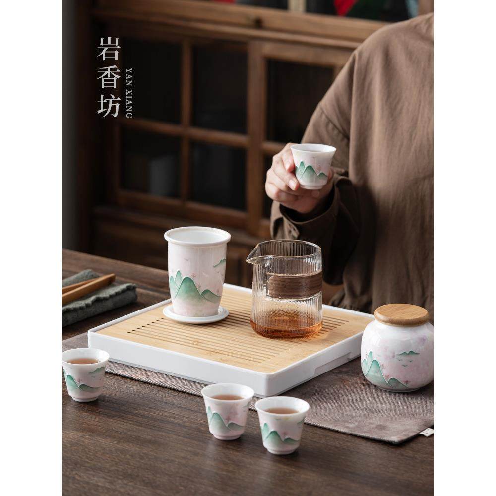 岩香坊白瓷手绘山水釉下彩玻璃旅行茶具陶瓷中式便捷旅行快客杯,淘宝优惠券,粉丝福利购,淘宝优惠卷