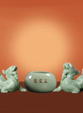 红色陶瓷貔貅聚宝盆招财摆件一对家居客厅玄关室内室外摆设装饰品