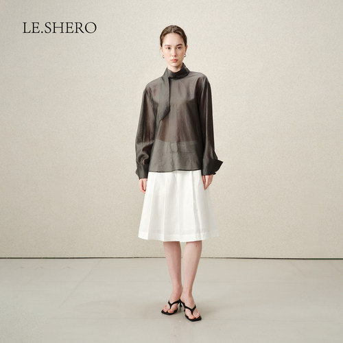 LE.SHERO原创设计莱卡混纺飘带微透休闲立领长袖上衣半身裙两件套 - 图1