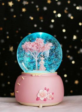 古风汉服女孩水晶球浪漫发光雪花创意音乐盒摆件送女生儿童节礼物