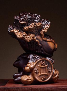 黑檀木雕白菜摆件实木质招财客厅酒柜发财装饰工艺品乔迁开业礼物