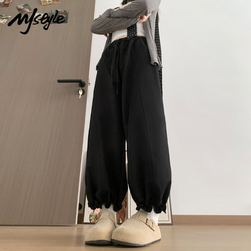 MJ STYLE咖色木耳边花苞裤女2025秋季新款裤子高腰小个子阔腿裤 - 图1