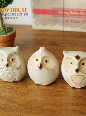 动物工艺品 北欧三只釉面陶瓷猫头鹰摆件 家居饰品摆设