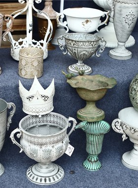 美式园艺奖杯花盆创意复古摆件欧式家居阳台装饰仿古做旧铁艺花器