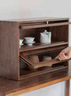 九间房桌面翻门置物柜桌面掀盖储物柜黑胡桃实木飘窗榻榻米收纳柜