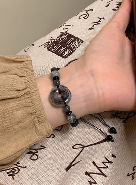 【松烟入墨】新中式平安扣黑色串珠手链女小众高级古风编织手绳