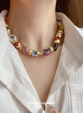 民族风陶瓷花朵项链小众复古夸张锁骨链轻奢百搭V高级感项饰女