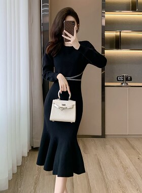 黑色针织连衣裙女装秋冬新款收腰显瘦中长款气质内搭打底鱼尾裙子