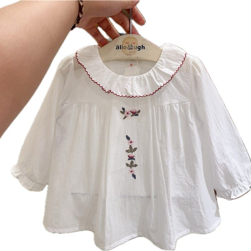 韩国童装 24夏秋女宝儿童洋气翻领刺绣小花长袖衬衣 甜美娃娃衫,淘宝优惠券,粉丝福利购,淘宝优惠卷