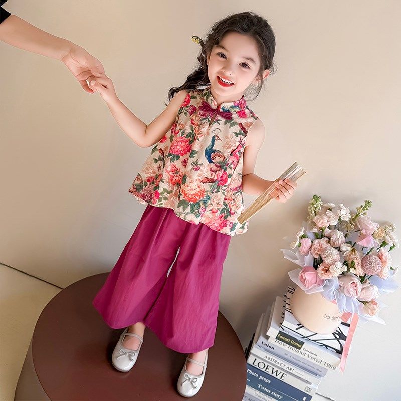 女童新中式国风套装2025夏季新款碎花夏装儿童阔腿裤女宝宝两件套,淘宝优惠券,粉丝福利购,淘宝优惠卷