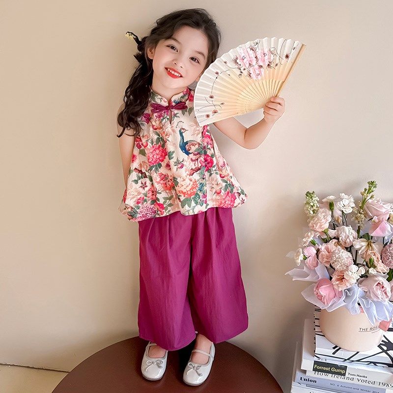 女童新中式国风套装2025夏季新款碎花夏装儿童阔腿裤女宝宝两件套,淘宝优惠券,粉丝福利购,淘宝优惠卷