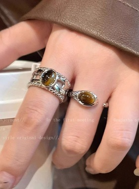 复古拉德花朵虎眼石戒指女小众设计开口秋冬食指戒女个性高级