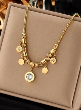 高级感大小双面圆牌项链女锁骨链轻奢流苏吊坠时尚个性饰品百搭