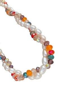 夏季天然淡水珍珠项链手工编织多巴胺彩色串珠双层麻花颈链锁骨链