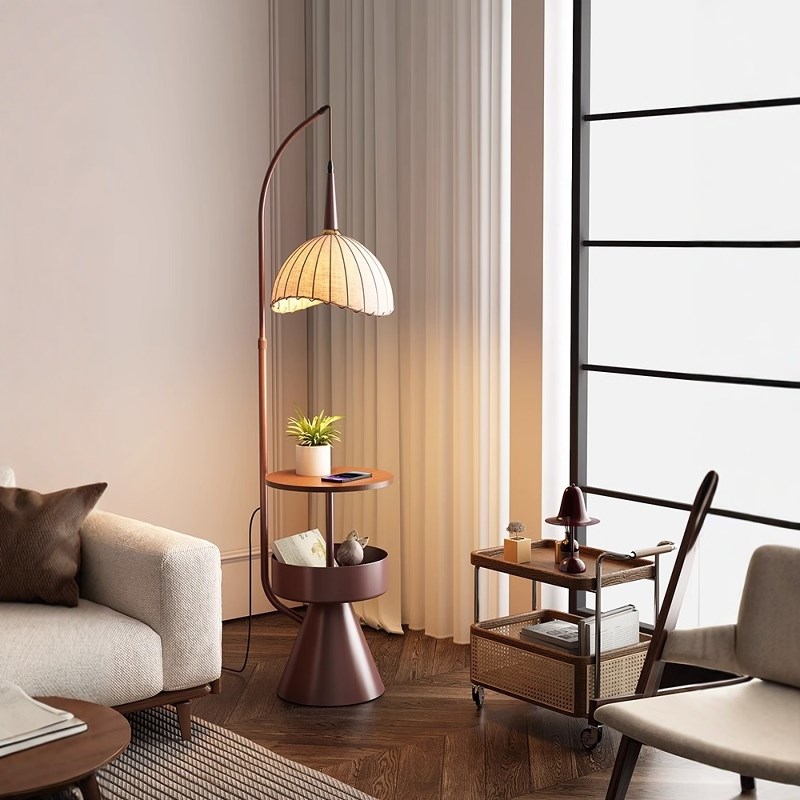 宅寂中古风落地灯客厅旁s茶几卧室床头柜带置物架一体钓鱼灯沙发 - 图1