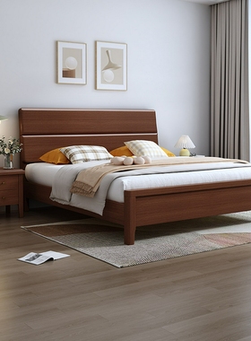 全实木榉木床现代简约1.8m中小户型主卧双人床实木高箱储物婚床