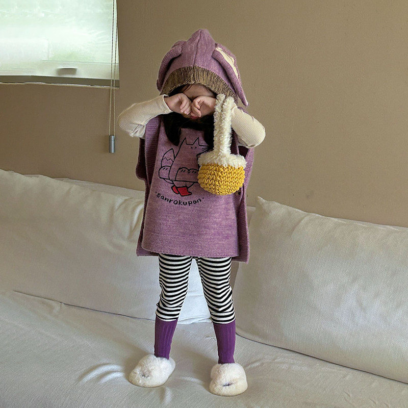 秋季新款童装女童连帽针织马甲打底衫条纹打底裤三件套儿童背心潮,淘宝优惠券,粉丝福利购,淘宝优惠卷