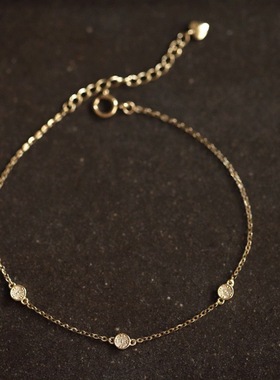 925银镀手链14K金锆石三连击小圆盘造型日系百搭叠戴精致日常级细