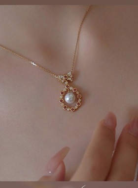 香草泡芙S925银镀18K金蝴蝶结贝珠珍珠吊坠项链锁骨链精致高级感