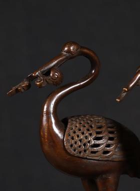 做旧古玩铜器工艺品仿做旧家居办公室装饰摆件铜瑞和香炉仙鹤一对