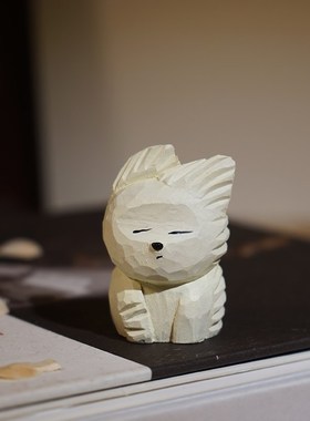 风中凌乱小狗手工木雕小卡通迷你爱动物办公桌面装饰品