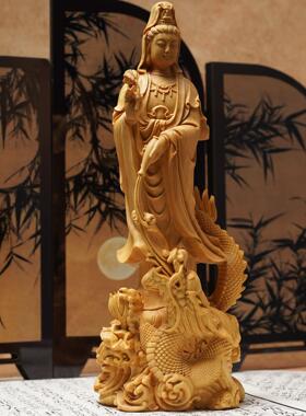 黄杨木手工雕刻佛像御龙观音摆件中式家居客厅桌面木质工艺品
