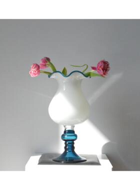 法式中古柔光铃兰玻璃花蓝色拼奶油白手工风灯插花装饰品摆件