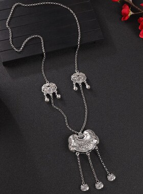 新中式国风长款古银项链复古苗银长命锁流苏毛衣链旗袍汉服配饰女