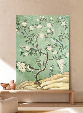 复古田园风纯手绘油画客厅绿色花鸟图装饰画大芬村玄关过道挂画