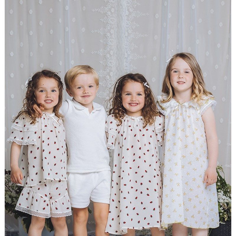 儿童夏季薄款家居服女童草莓印花睡裙小女孩可爱短袖蕾丝睡衣套,淘宝优惠券,粉丝福利购,淘宝优惠卷