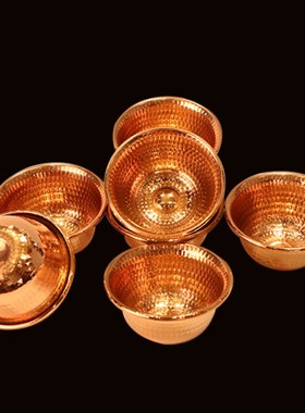 藏传红铜加厚卷边供水碗 压花平底供杯佛前供品摆件一套7个