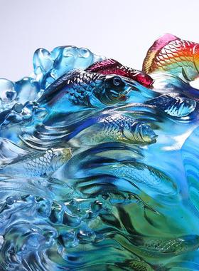 琉璃摆件齐头并进鱼工艺品激流勇进创意房间布置乔迁新居礼品