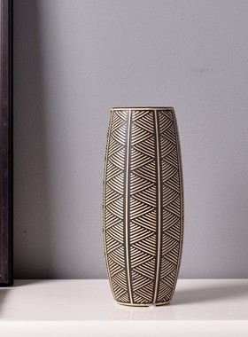 新中式简约现代黑色雕刻陶瓷花瓶花器可储水家居软装饰品摆件月见