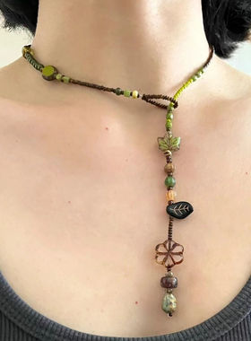 绿色元素饰品绿融森系复古花朵珠项链vintage度假风小众设计百搭