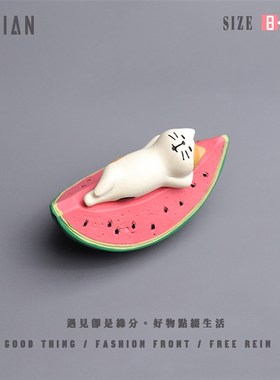 遇见丨躺西瓜猫凤梨系列创意可爱桌面车载摆件手工手绘有趣礼品